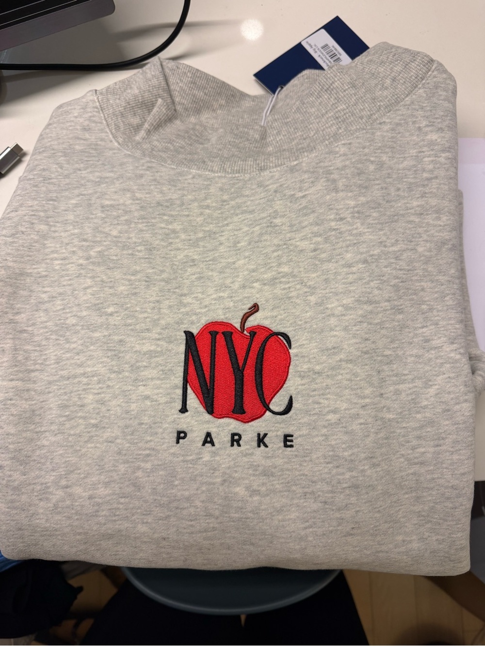 Parke Light Gray Crewneck Sweatshirt with Red Apple NYC Logo